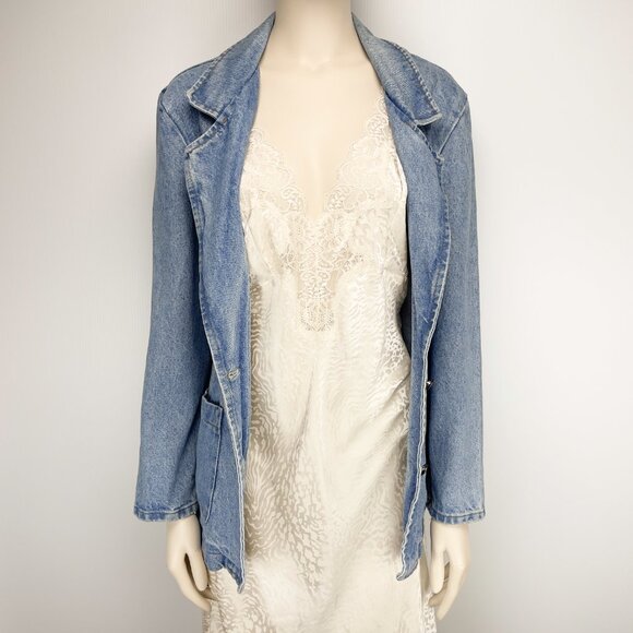 COBRA Vintage 90’s Long Blue Medium Wash Jean Blazer V-Neck Pockets Jacket s M - Picture 3 of 7